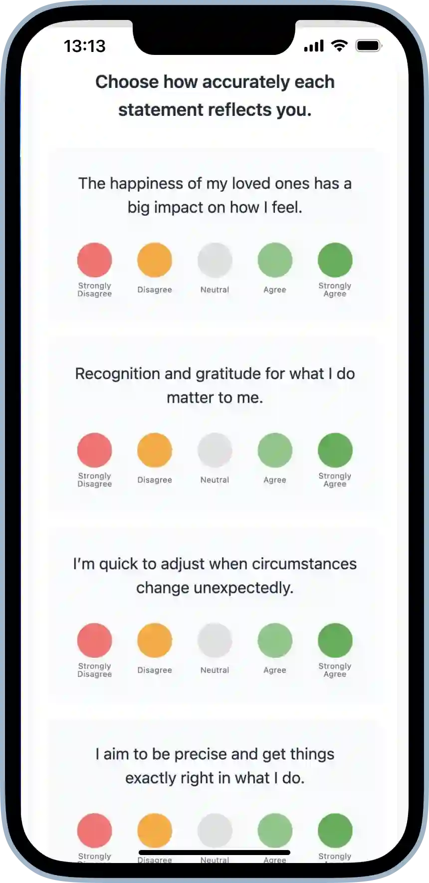iPhone displaying BIG 5 personality test with rating scale questions about personal values and emotional responses